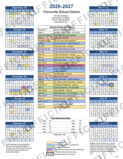 Pennsville School District 2026-27 calendar
