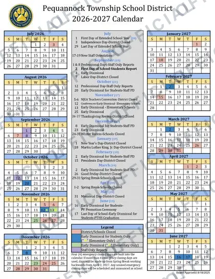 Pequannock Township School District 2026-27 calendar