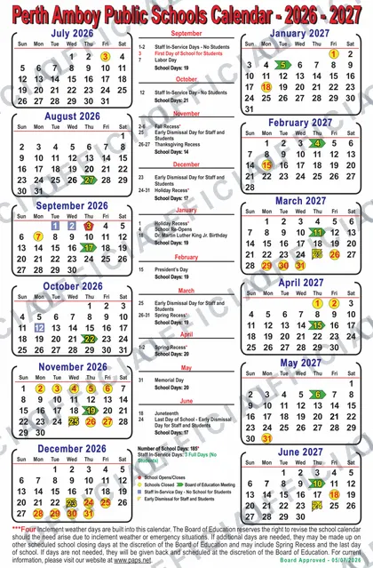 Perth Amboy Public Schools 2026-27 calendar