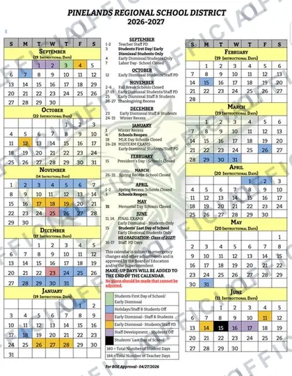 PINELANDS REGIONAL SCHOOL DISTRICT 2026-27 calendar