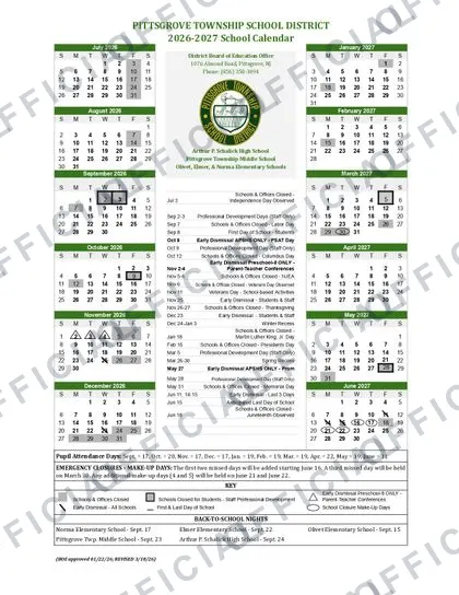 Pittsgrove Township School District 2026-27 calendar