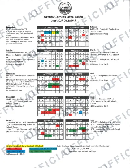 Plumsted Township School District 2026-27 calendar