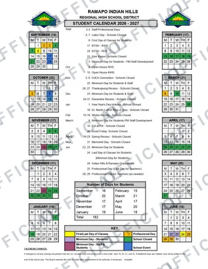 Ramapo Indian Hills Regional High School 2026-27 calendar