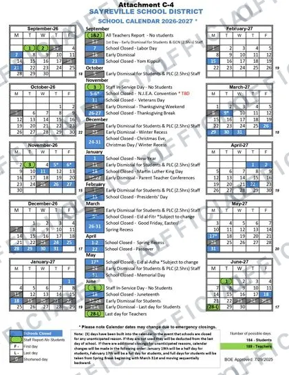 SAYREVILLE SCHOOL DISTRICT 2026-27 calendar