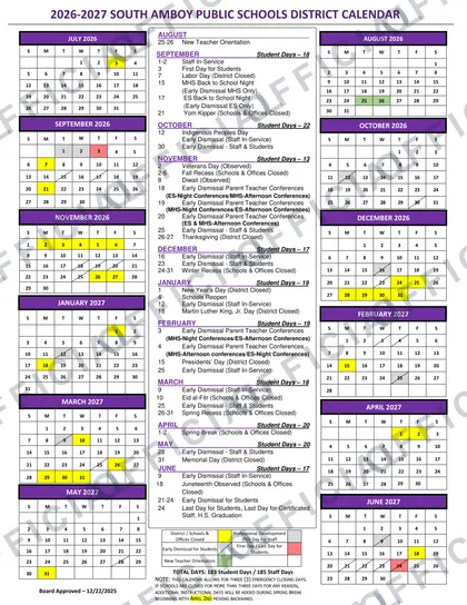 SOUTH AMBOY PUBLIC SCHOOLS DISTRICT 2026-27 calendar