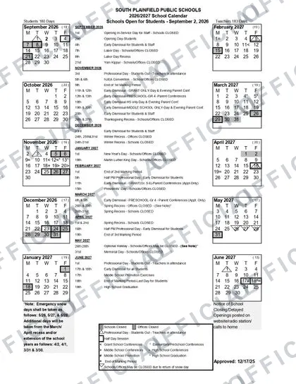 South Plainfield Public Schools 2026-27 calendar