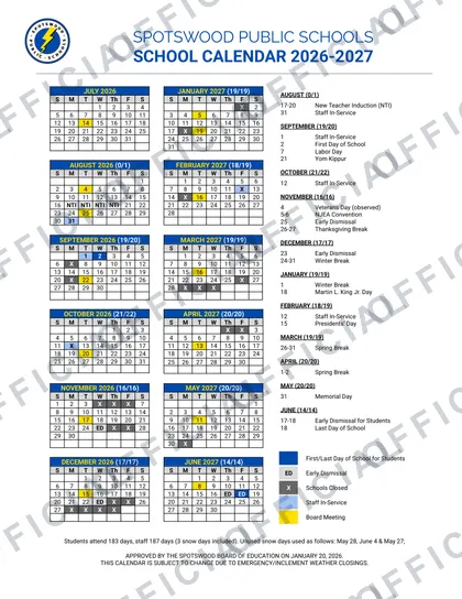 Spotswood Public Schools 2026-27 calendar