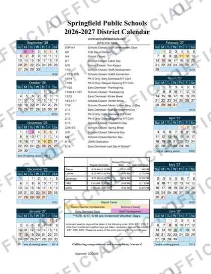 Springfield Public Schools 2026-27 calendar
