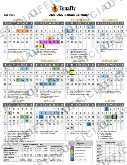 Tenafly Public Schools 2026-27 calendar