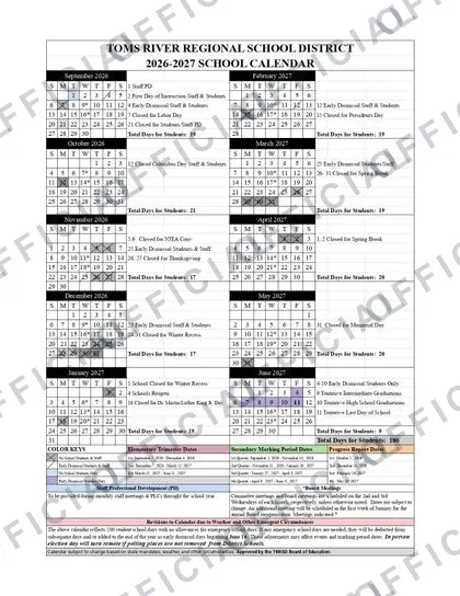 Toms River Regional School District 2026-27 calendar