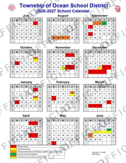Township of Ocean School District 2026-27 calendar