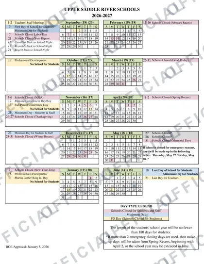 UPPER SADDLE RIVER SCHOOLS 2026-27 calendar