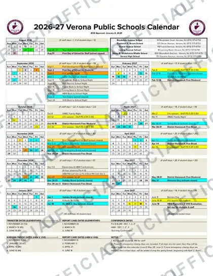 Verona Public Schools 2026-27 calendar