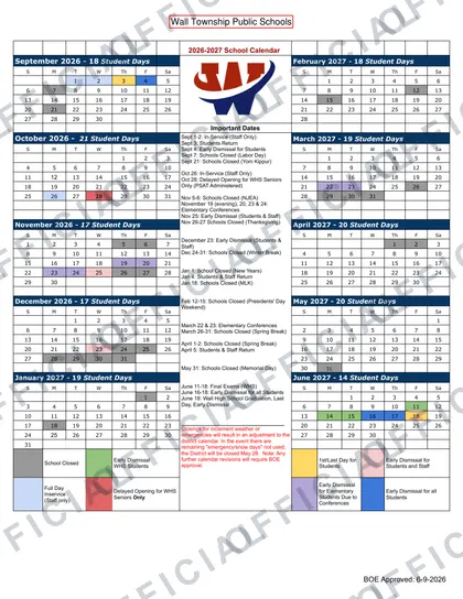 Wall High School 2026-27 calendar