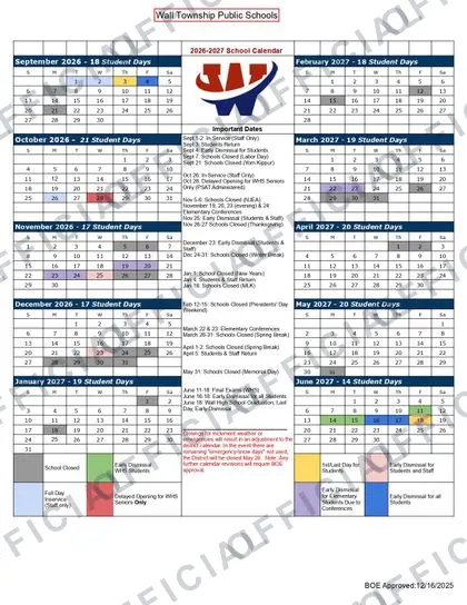 Wall Township Public Schools 2026-27 calendar
