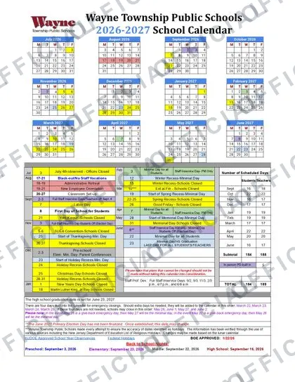 Wayne Township Public Schools 2026-27 calendar