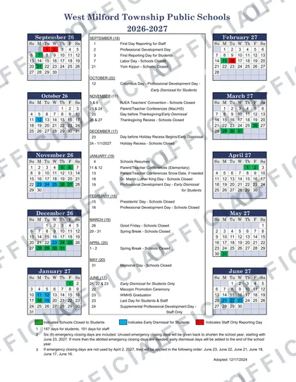 West Milford Township Public Schools 2026-27 calendar