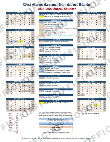 West Morris Regional High School District 2026-27 calendar
