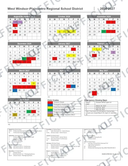 West Windsor-Plainsboro Regional School 2026-27 calendar