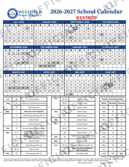 Westfield Public Schools 2026-27 calendar