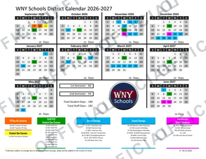 WNY Schools District 2026-27 calendar