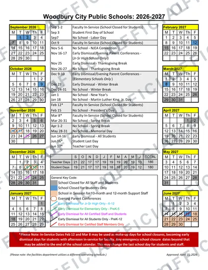 Woodbury City Public Schools 2026-27 calendar