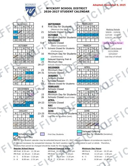 WYCKOFF SCHOOL DISTRICT 2026-27 calendar