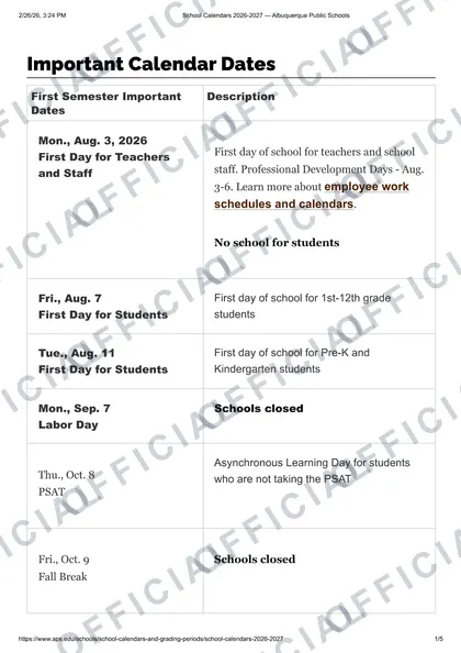 Albuquerque Public Schools 2026-27 calendar