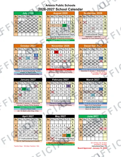 Artesia Public Schools 2026-27 calendar