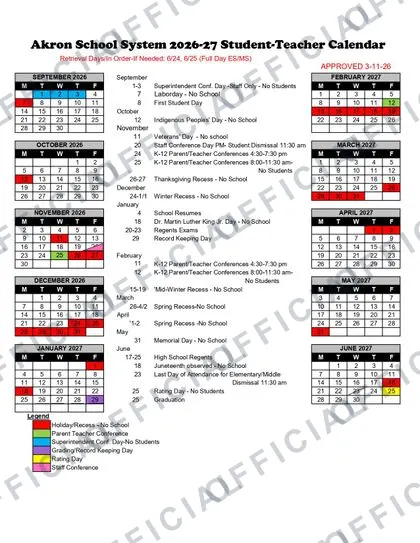 Akron School System 2026-27 calendar
