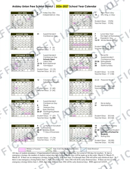 Ardsley Union Free School District 2026-27 calendar