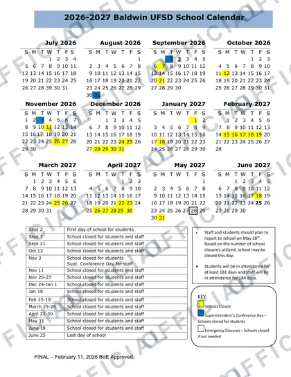 Baldwin UFSD 2026-27 calendar