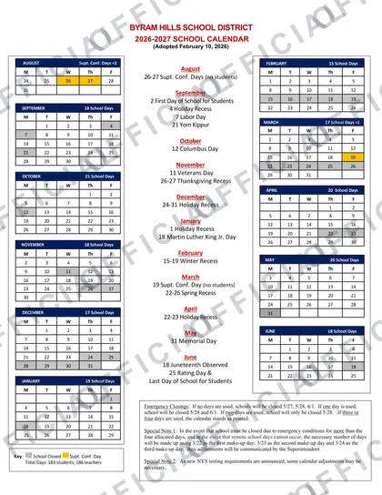 Byram Hills School District 2026-27 calendar