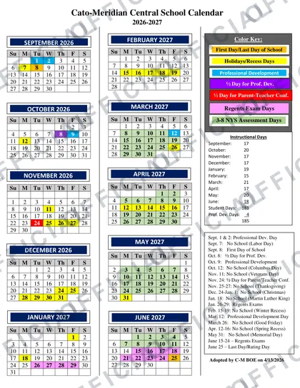 Cato-Meridian Central School District 2026-27 calendar
