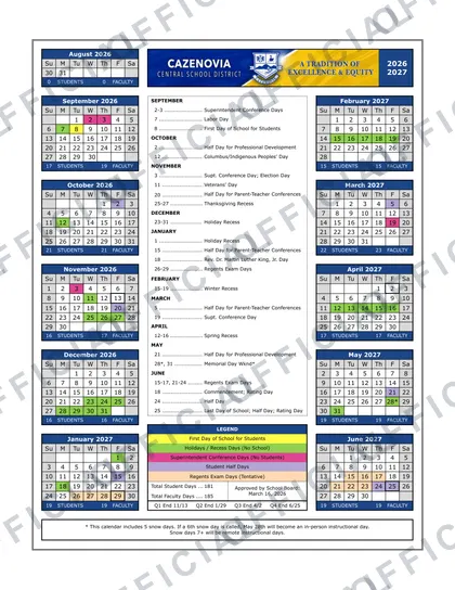 Cazenovia Central School District 2026-27 calendar