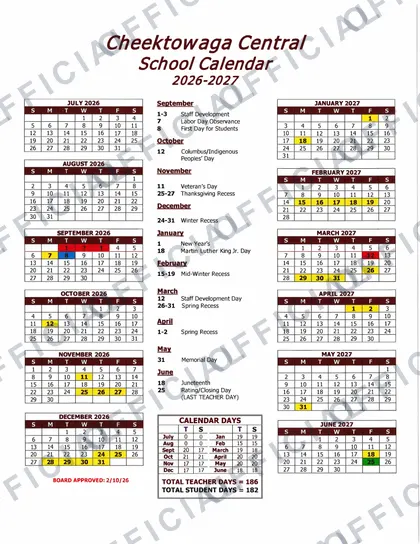 Cheektowaga Central School District 2026-27 calendar