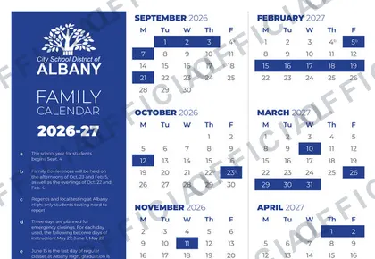 City School District of Albany 2026-27 calendar
