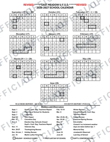East Meadow U.F.S.D. 2026-27 calendar