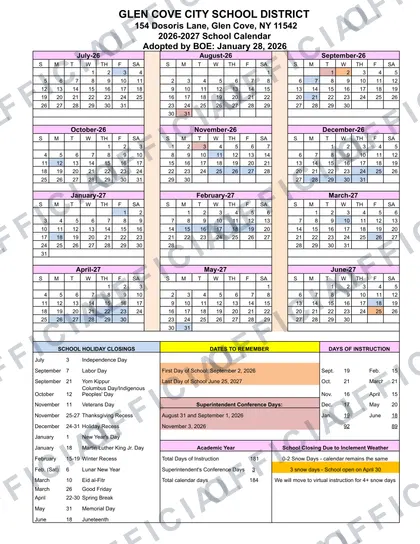 Glen Cove City School District 2026-27 calendar