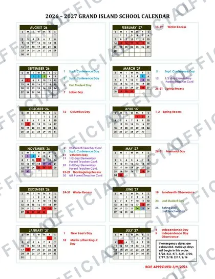 GRAND ISLAND SCHOOL 2026-27 calendar