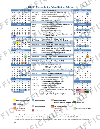 Greece Central School District 2026-27 calendar