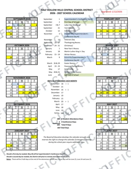 Half Hollow Hills Central School District 2026-27 calendar