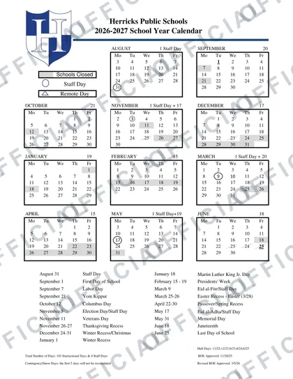 Herricks Public Schools 2026-27 calendar