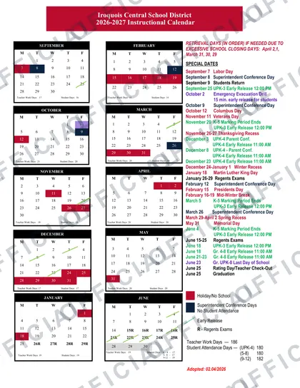 Iroquois Central School District 2026-27 calendar