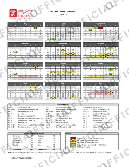 Jamestown Public Schools 2026-27 calendar