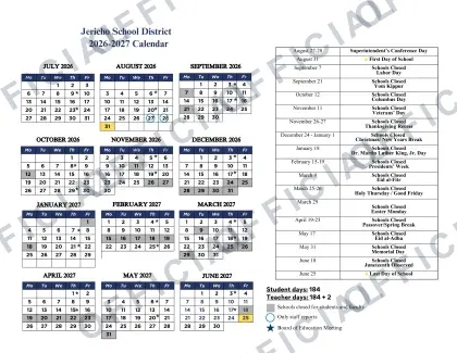 Jericho School District 2026-27 calendar