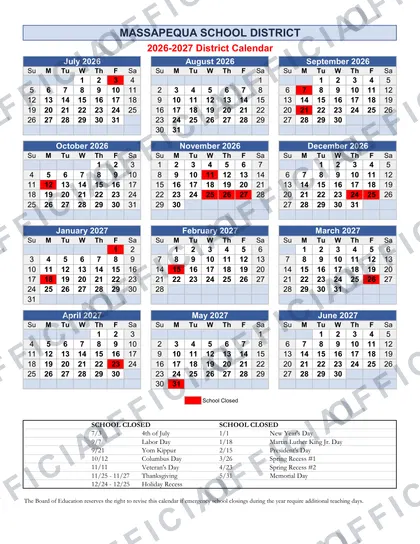 Massapequa School District 2026-27 calendar