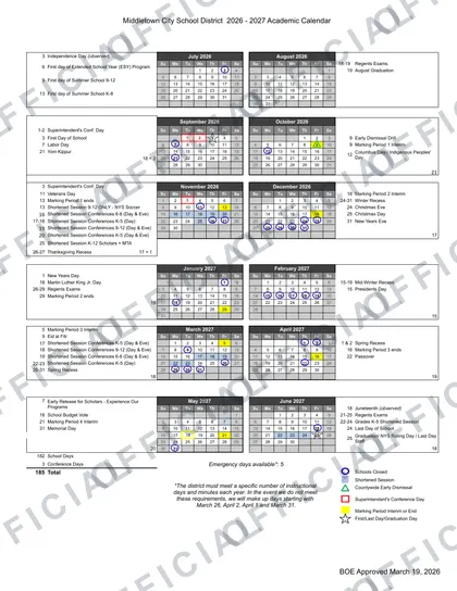 Middletown City School District 2026-27 calendar