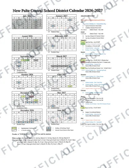 New Paltz Central School District 2026-27 calendar