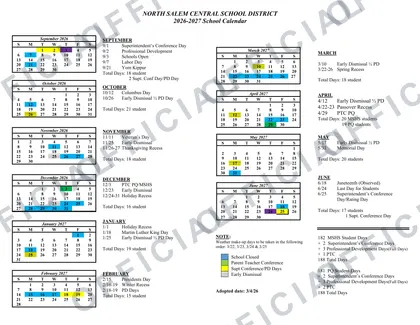 North Salem Central School District 2026-27 calendar
